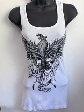 Vocal Apparel White Y2K McBling Rhinestone Fleur De Lis Wings Tank Top NWOT S
